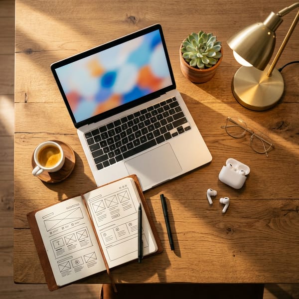 Detail pracovného stola s notebookom, espresso šálkou a zápisníkom