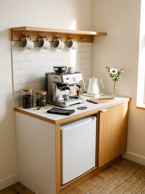 Kuchynský kútik s espresso kávovarom a šálkami